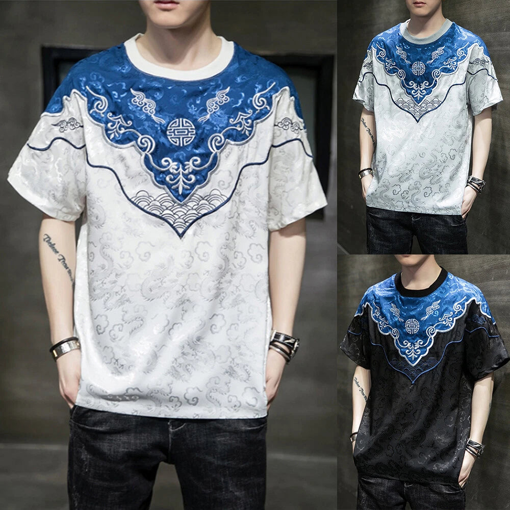 Mens Dragon Pattern Short Sleeve T-shirt Tops Tee Shirt Crew Neck Ethnic