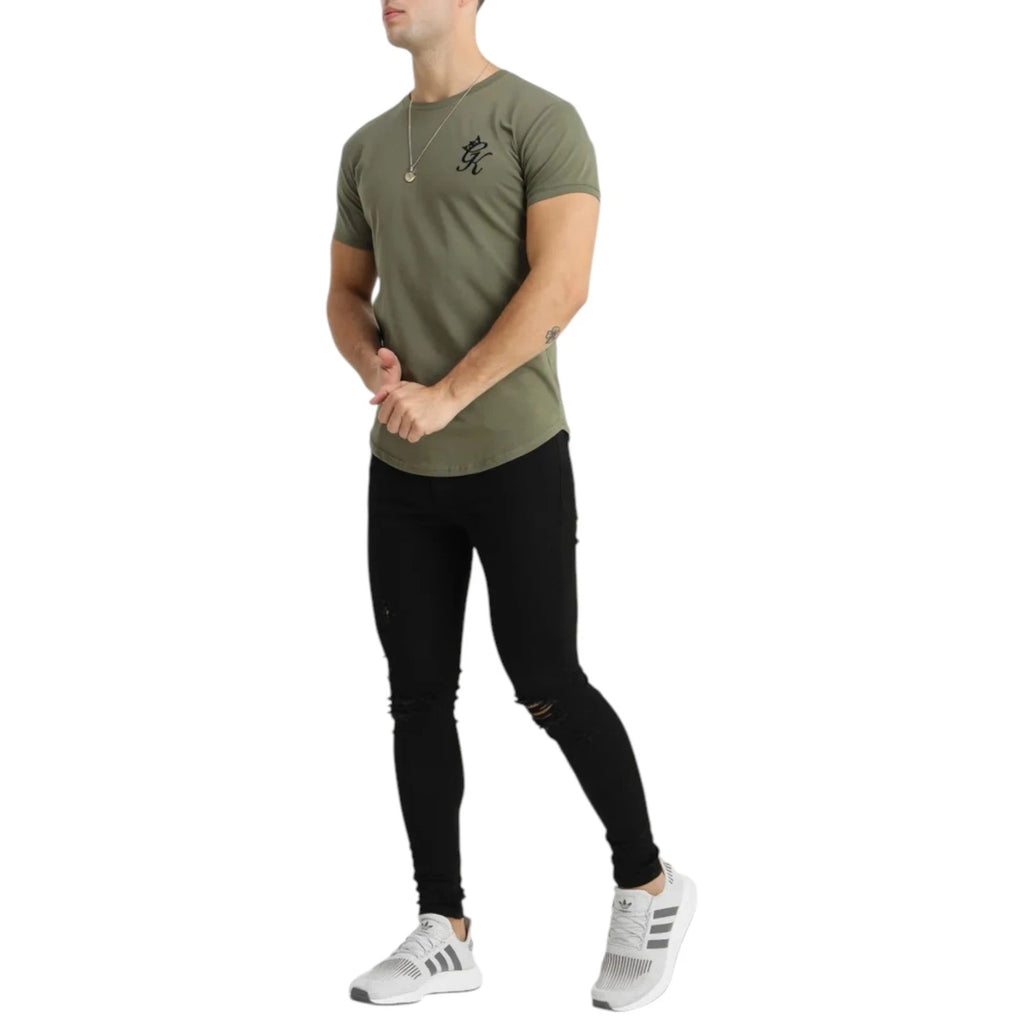 GYM KING Mens T-Shirt Longline Fitted Curve Hem Olive Summer Pullover Cotton Top