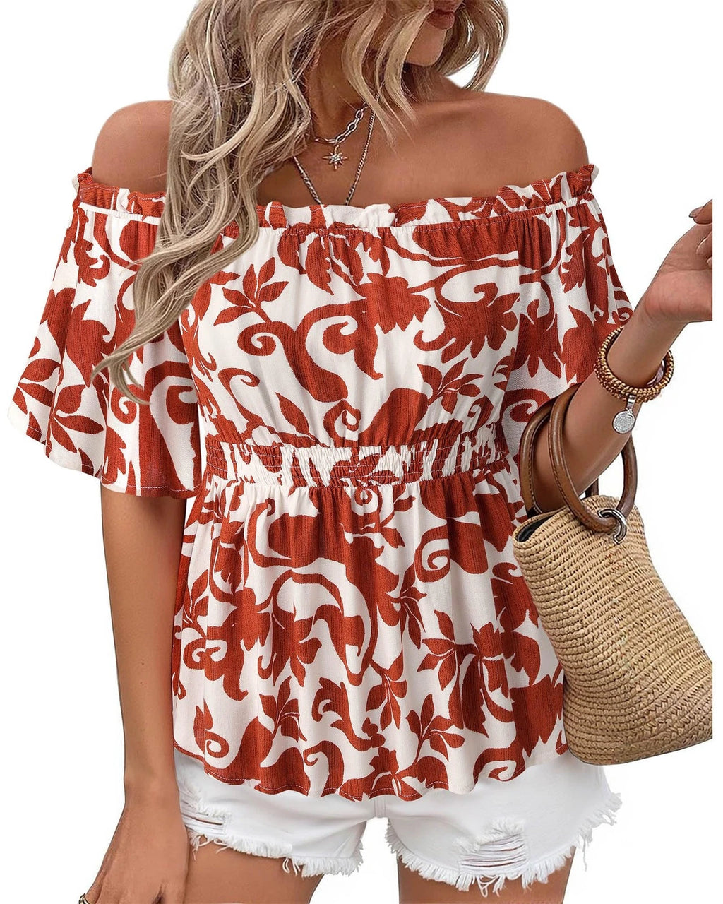 Bebonnie Off The Shoulder Tops for Women Short Ruffle Sleeve Floral Peplum Bl...