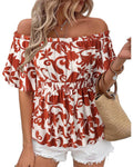 Bebonnie Off The Shoulder Tops for Women Short Ruffle Sleeve Floral Peplum Bl...