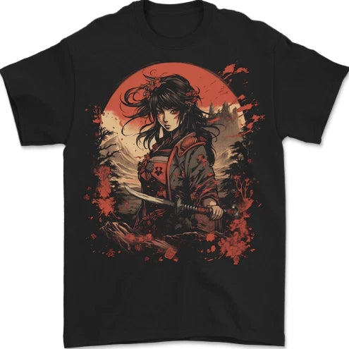 Anime Samurai Girl Fantasy Warrior Mens T-Shirt 100% Cotton