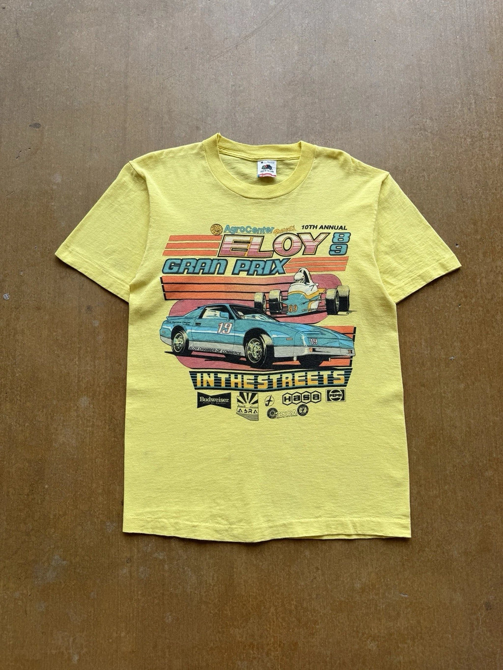 VTG 80s Budweiser Beer NASCAR Racing Eloy Gran Prix T-Shirt Lightweight Yellow M