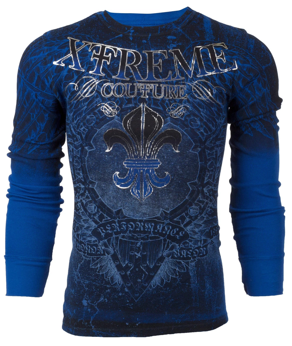 Xtreme Couture by Affliction Men's Thermal Shirt HONORABLE Wing Biker Blue