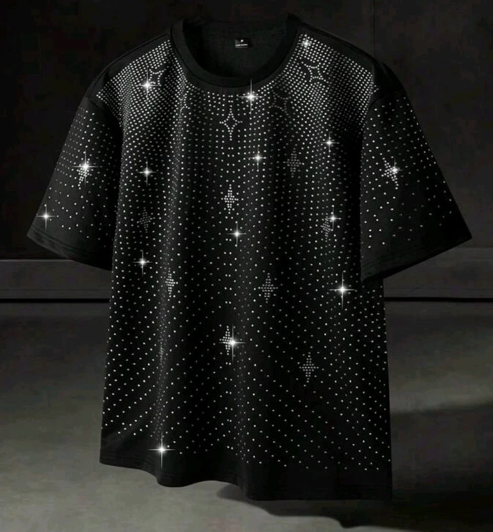 New Men Luxury Diamond Rhinestones Black Fashion T-Shirt High Quality