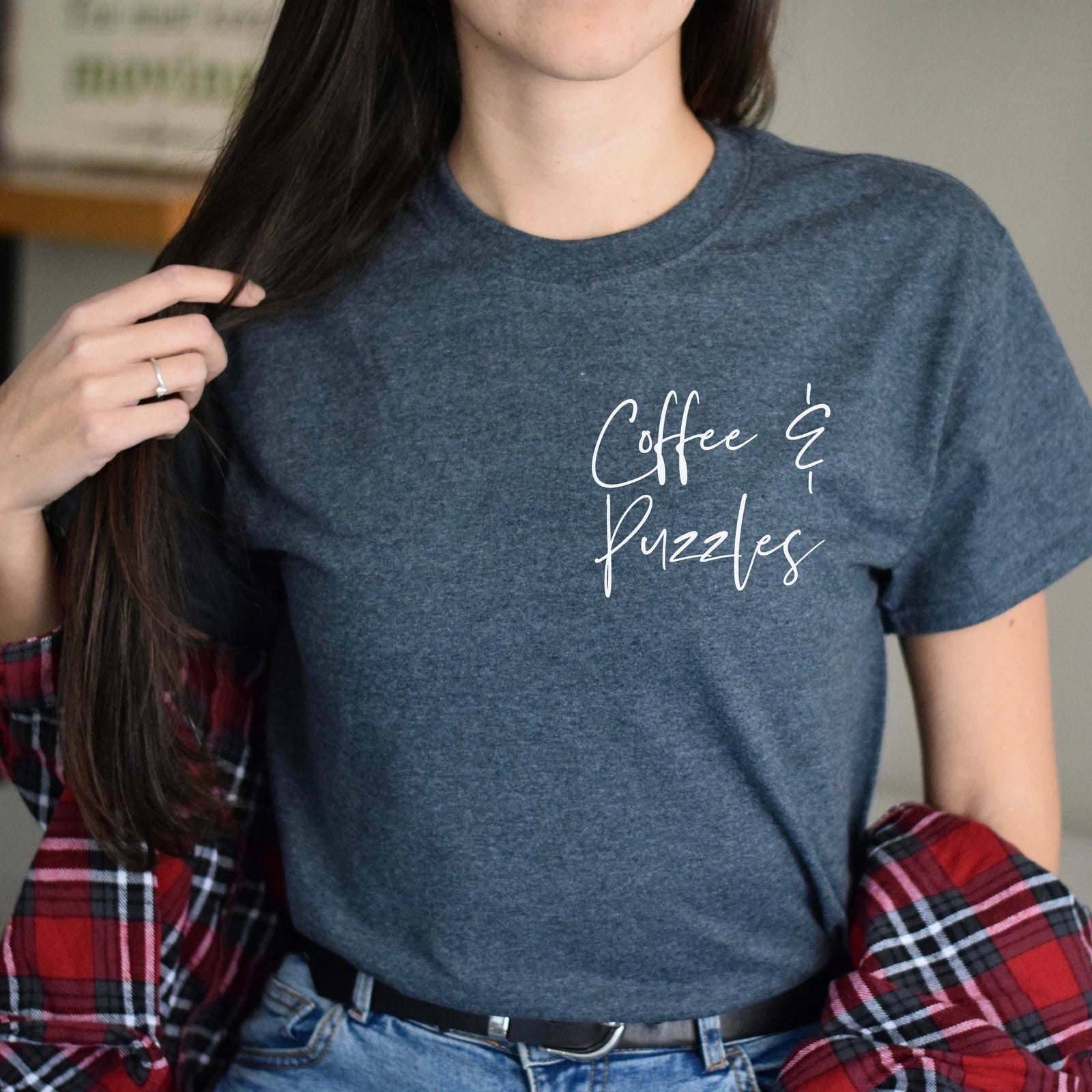 Coffee and puzzles pocket Unisex T-shirt Puzzles lover tee Black Navy Dark Heath