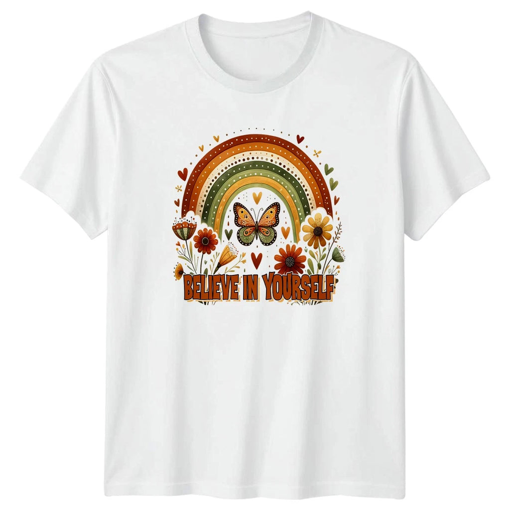 Believe In Yourself Womens T-Shirt Boho Rainbow Butterfly