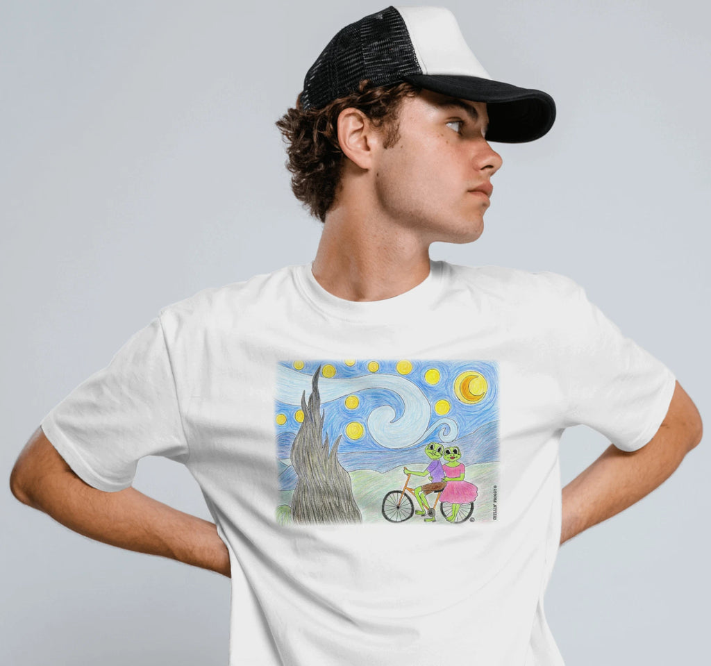 Starry Night Bicycle Ride by CHILLIN' FROGGY Pop Art T-Shirt New Sz. S M L XL