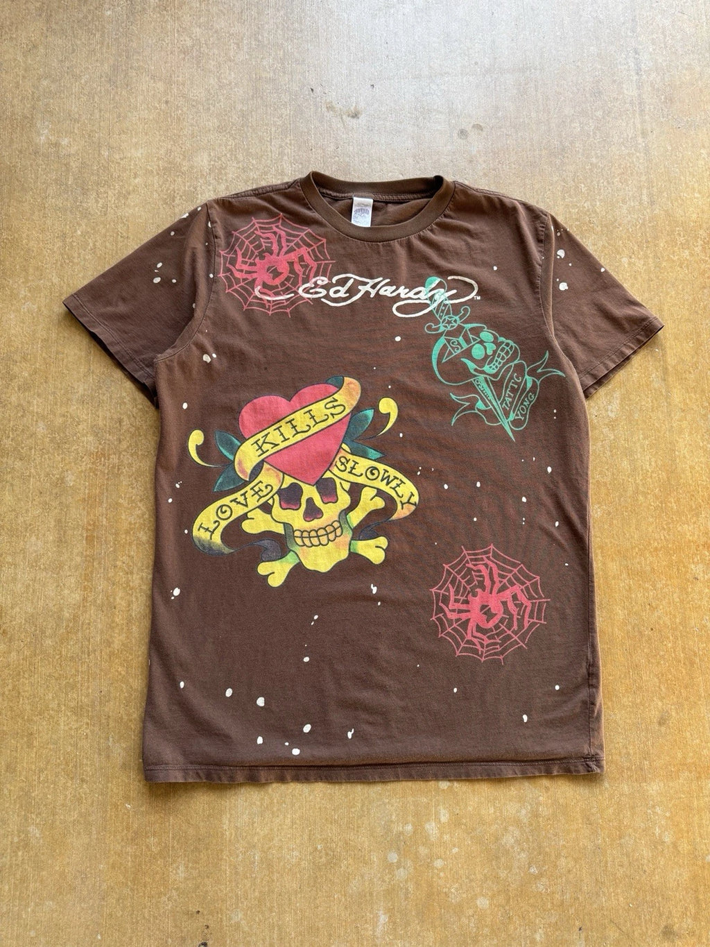 VTG Y2K Ed-Hardy Love Kills Slowly Skull Heart All Over Print Cotton T-Shirt XL