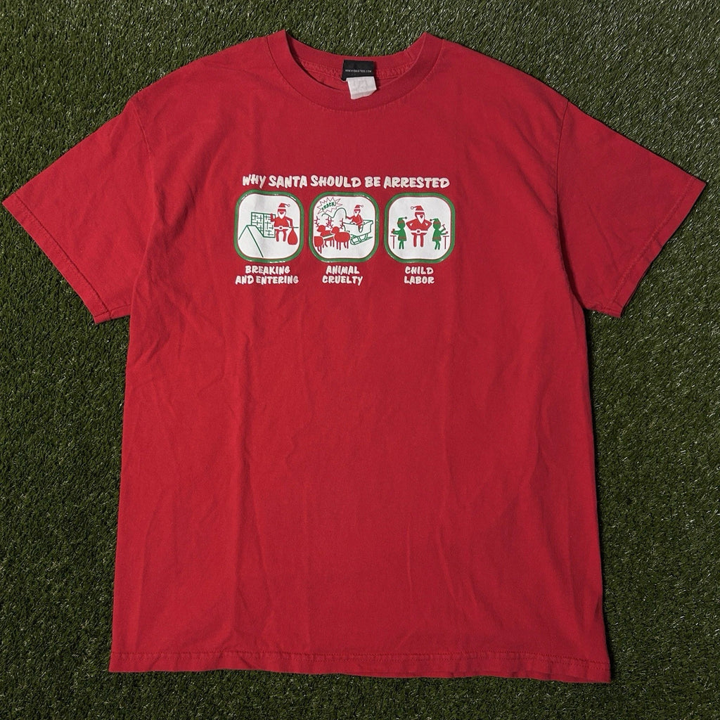 Vintage Y2K Why Santa Should Be Arrested Funny Graphic Hybrid T-Shirt L