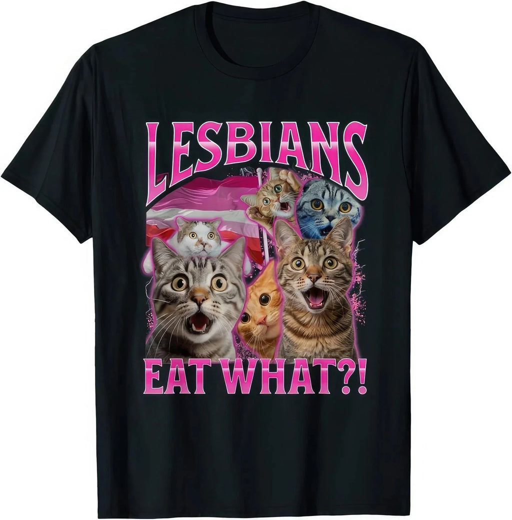 Lesbians Eat What T-Shirt Funny Cat Meme Graphic Tee Vintage Bootleg Style UK