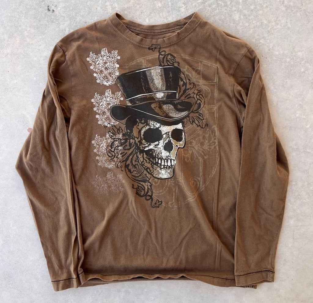 Vintage Cremieux Shirt Medium Brown Long Sleeve Y2K Emo Goth 2000s Skull Hat