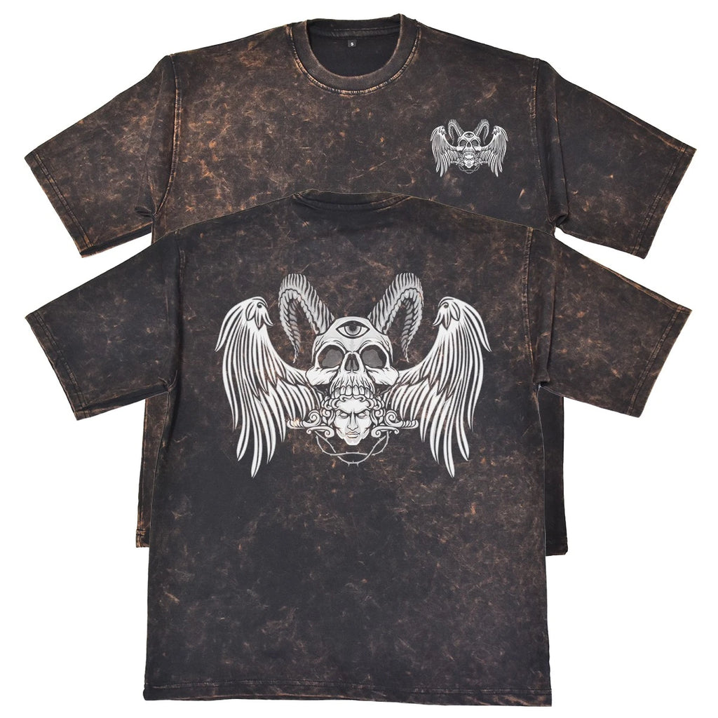 Gothic Skull Wings Unisex Mens Rust 240gsm French Terry Acid Wash T-Shirt Gift