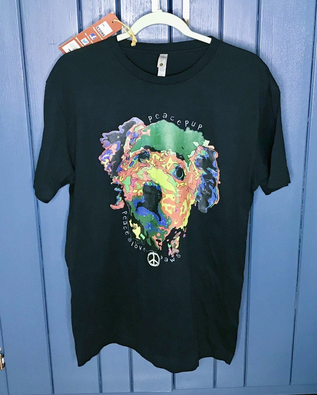 New Peace Pup Graphic Tee Medium Groovy Art To Wear Casual Boho Dog Lover