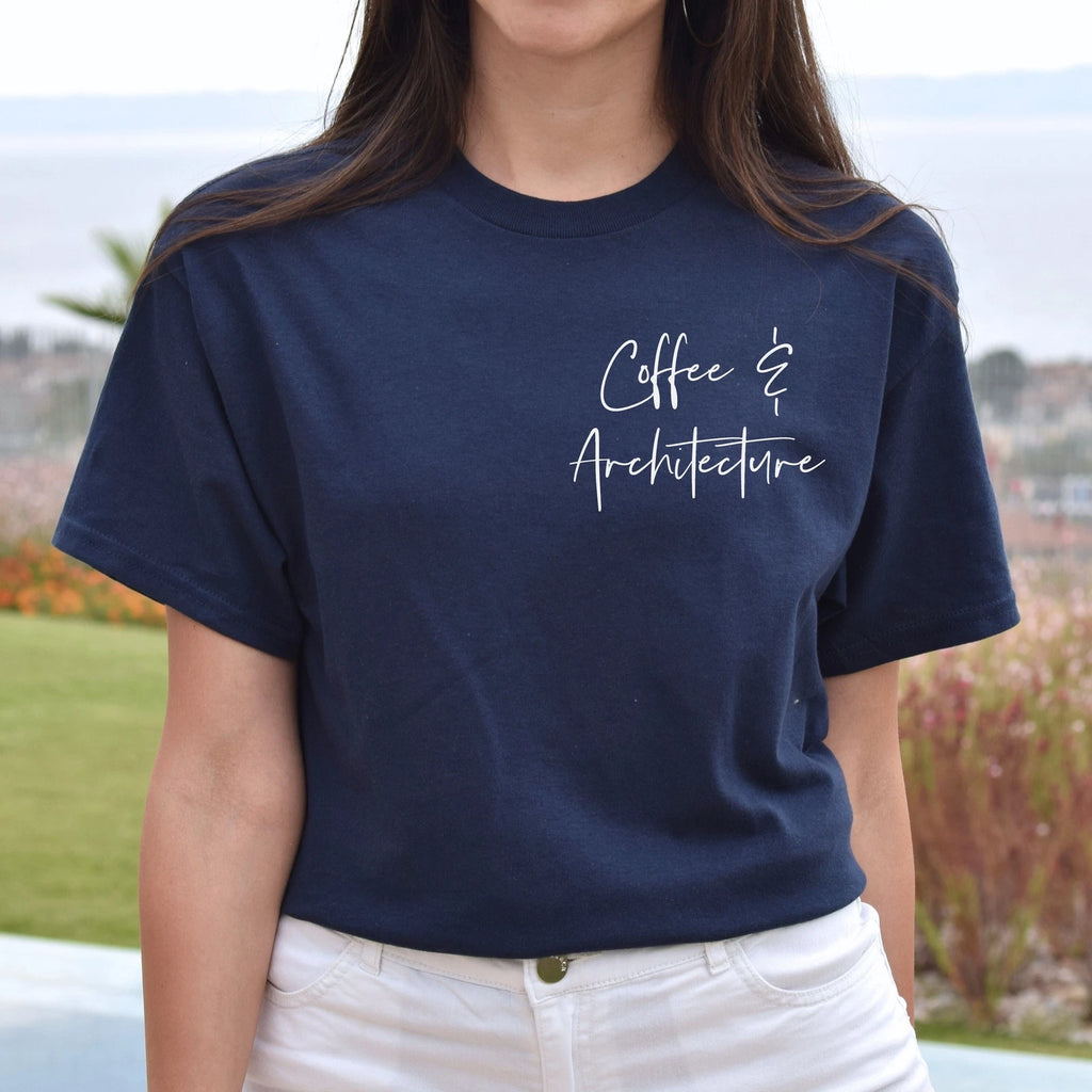 Coffee and architecture pocket Unisex T-shirt Architect tee Black Navy Dark Heat