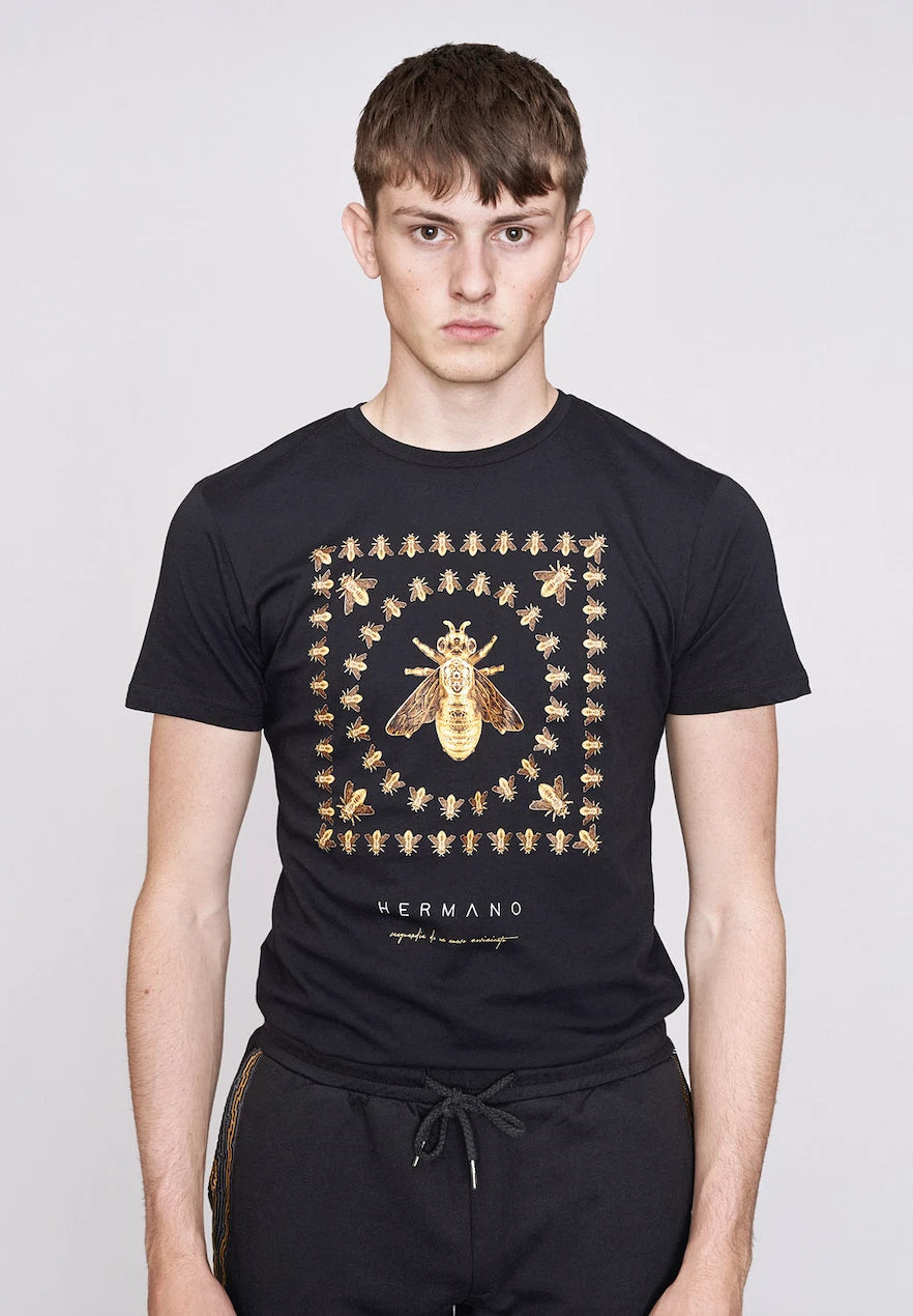 Hermano Mens Bee Design Short Sleeve Tee / Black / RRP £35