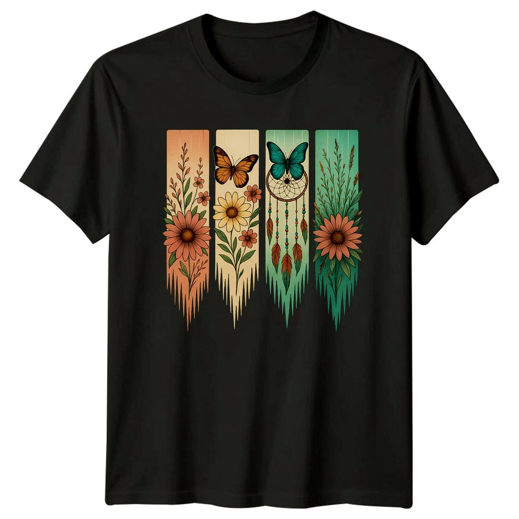 Boho Butterfly Dreamcatcher Wildflower Womens T-Shirt Botanical Nature Birthday