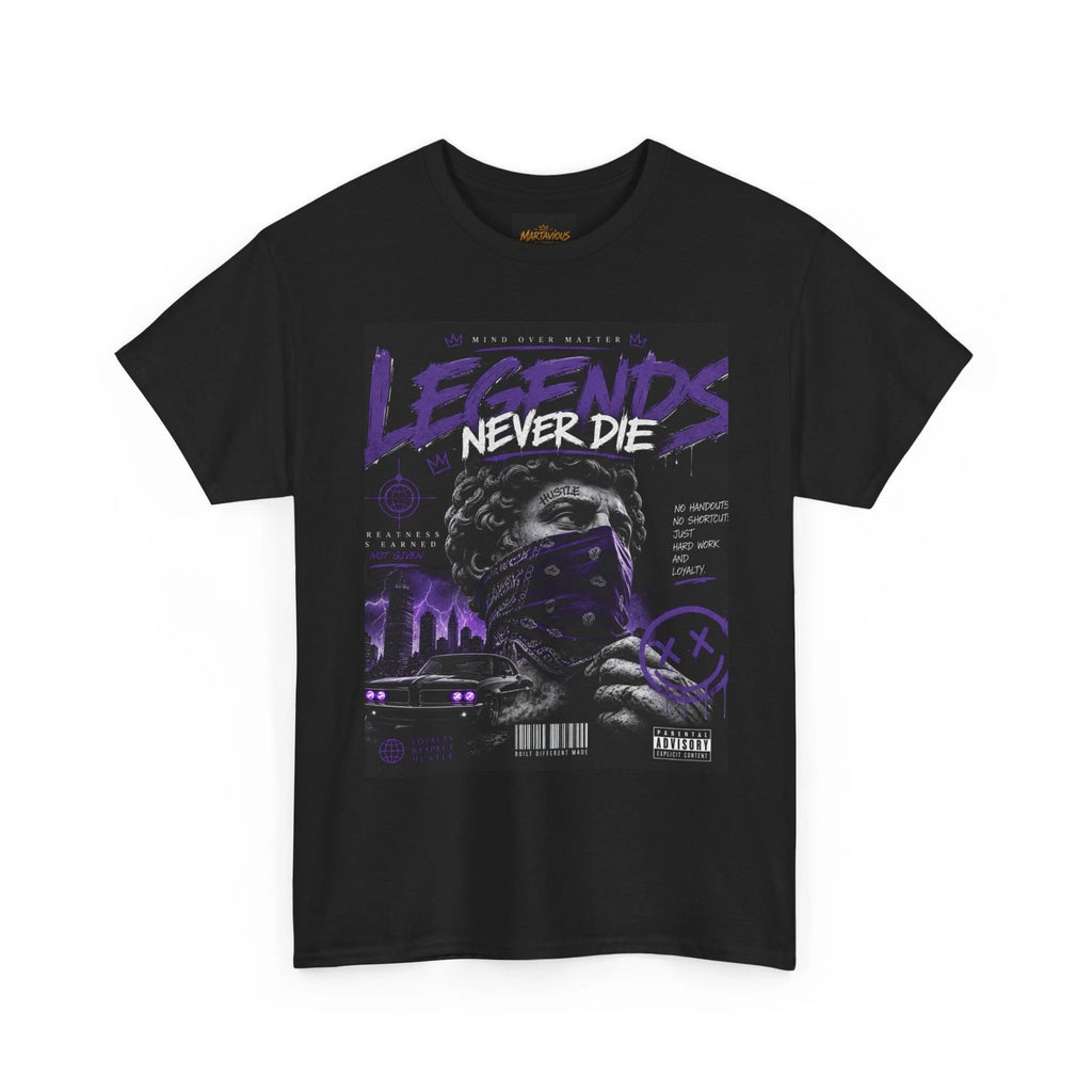 Legends Never Die tee | Graphic T-Shirt, Bandana Mask Portrait, Purple Neon