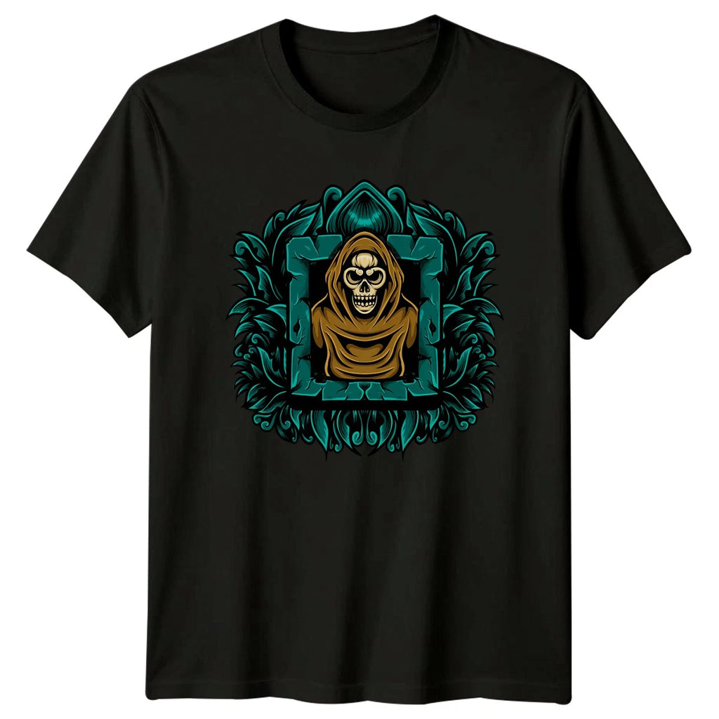 Mystical Hooded Skull Engraving T-Shirt Gothic Art Skull Birthday Gift