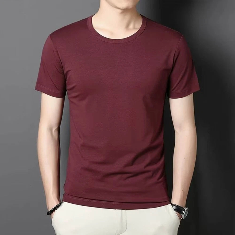 Men Slim T-shirt Round Neck Tee Round Neck Pullover Solid Color Casual Top