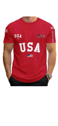 Stylish USA Mens Crew Neck T-Shirt Patriotic Print Short Sleeve (Red) Size xl