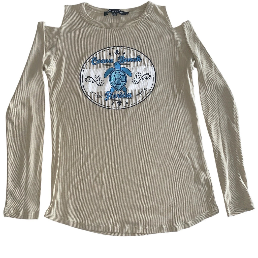 Miami Style M Long-Sleeve Cold-Shoulder Beige Cocoa Beach Florida Turtle Top