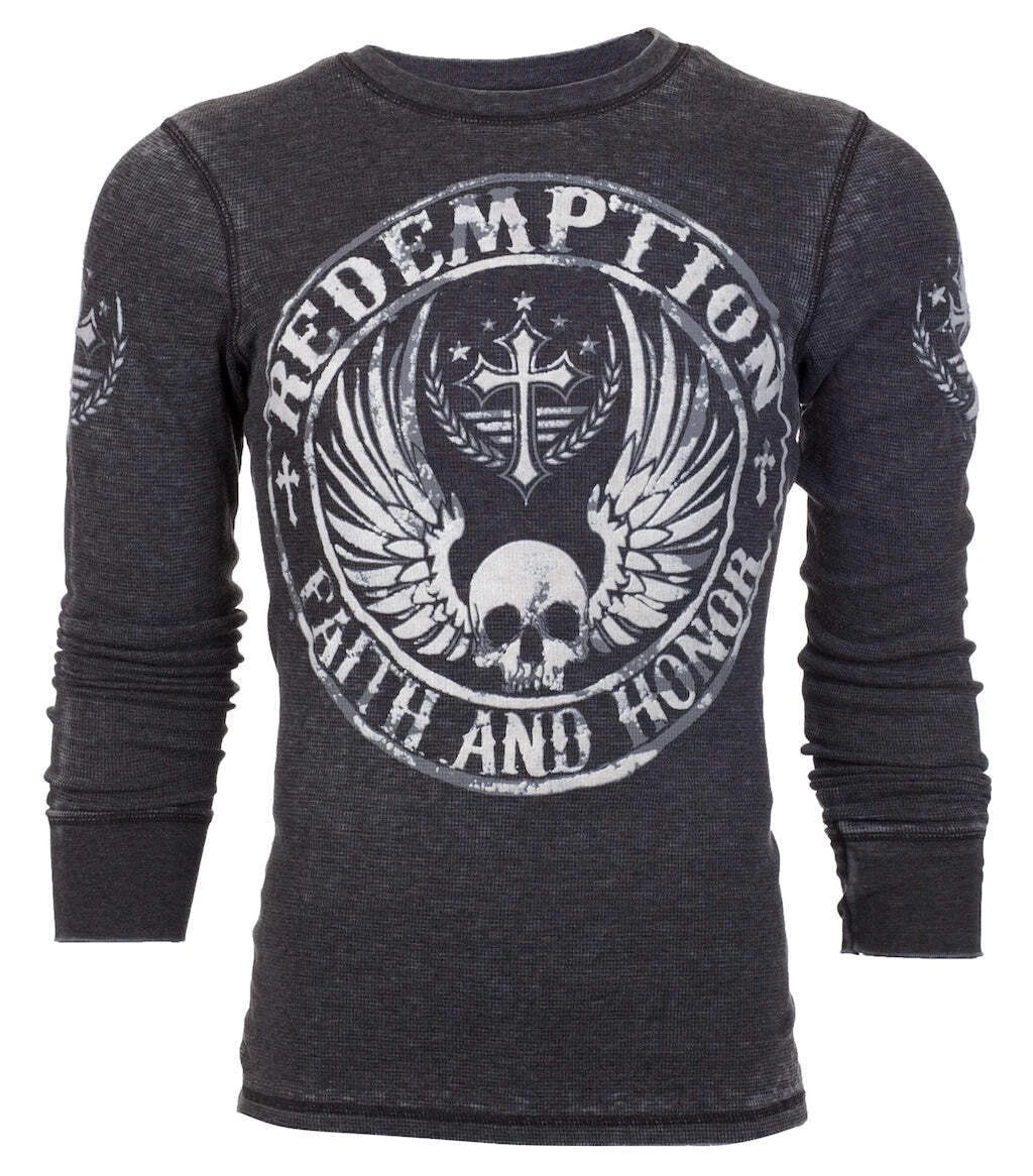 Archaic by Affliction Men's Thermal Shirt Crossed Death Biker Tattoo