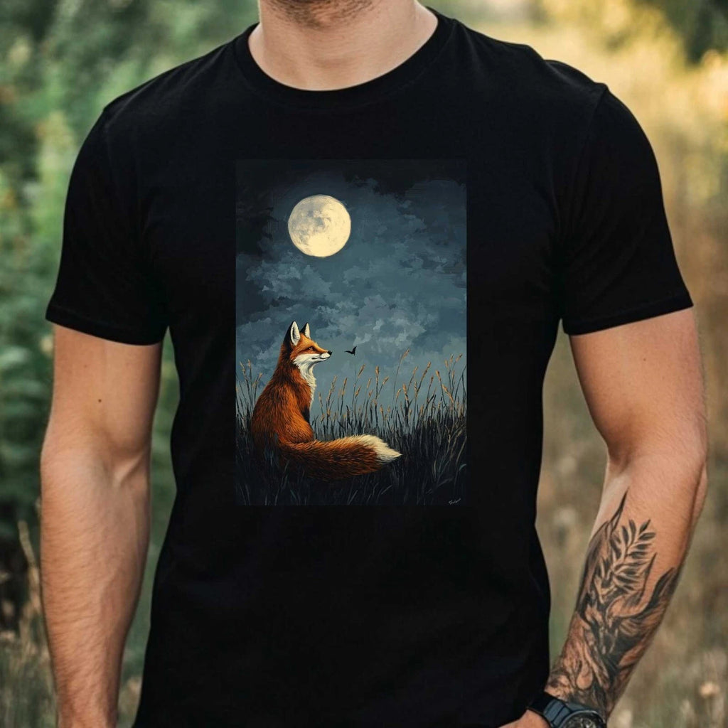 Mens Fox In The Moonlight Motif Cotton T-Shirt Size XS to 5XL