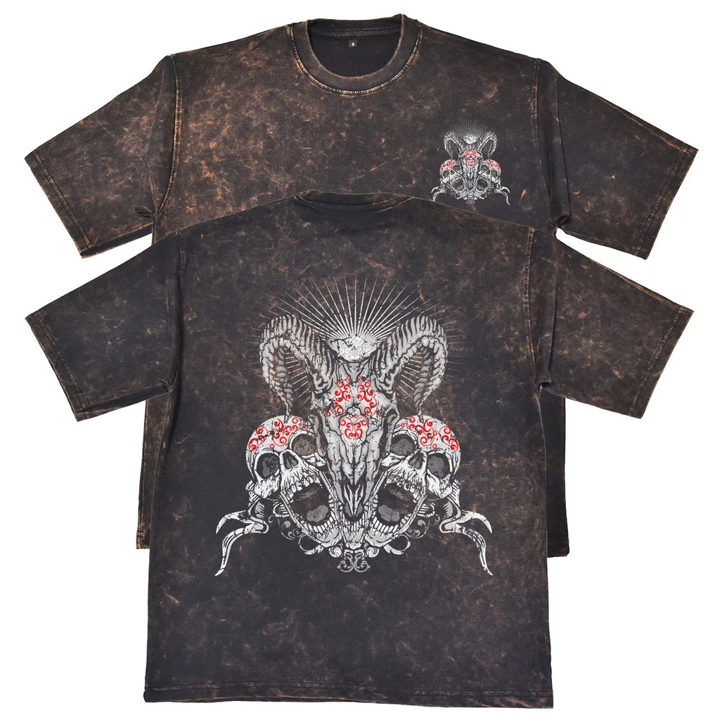 Gothic Ram Skulls Unisex Mens Rust 240gsm French Terry Acid Wash T-Shirt