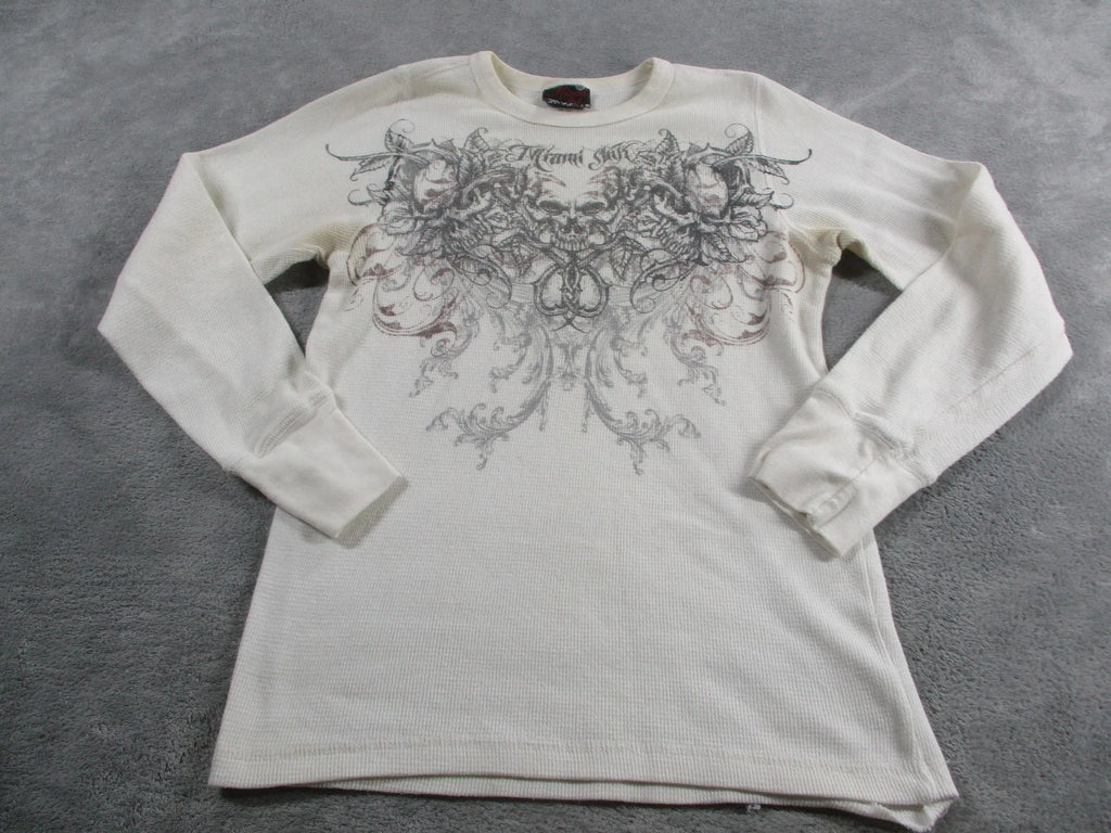 VTG Y2K Miami Ink Shirt Medium White Thermal Long Sleeve Tattoo Graphic Waffle