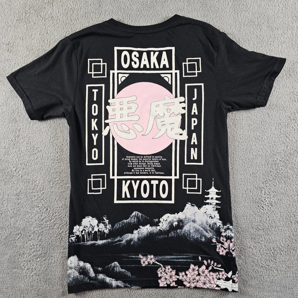 RGSTR Mens Small Black Graphic T-Shirt Japan Osaka Tokyo Kyoto Humanity Sakura