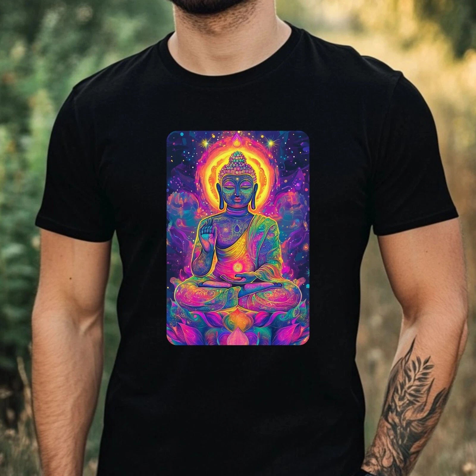 Mens Buddha Psychedelic Print Cotton T-Shirt Size XS to 5XL