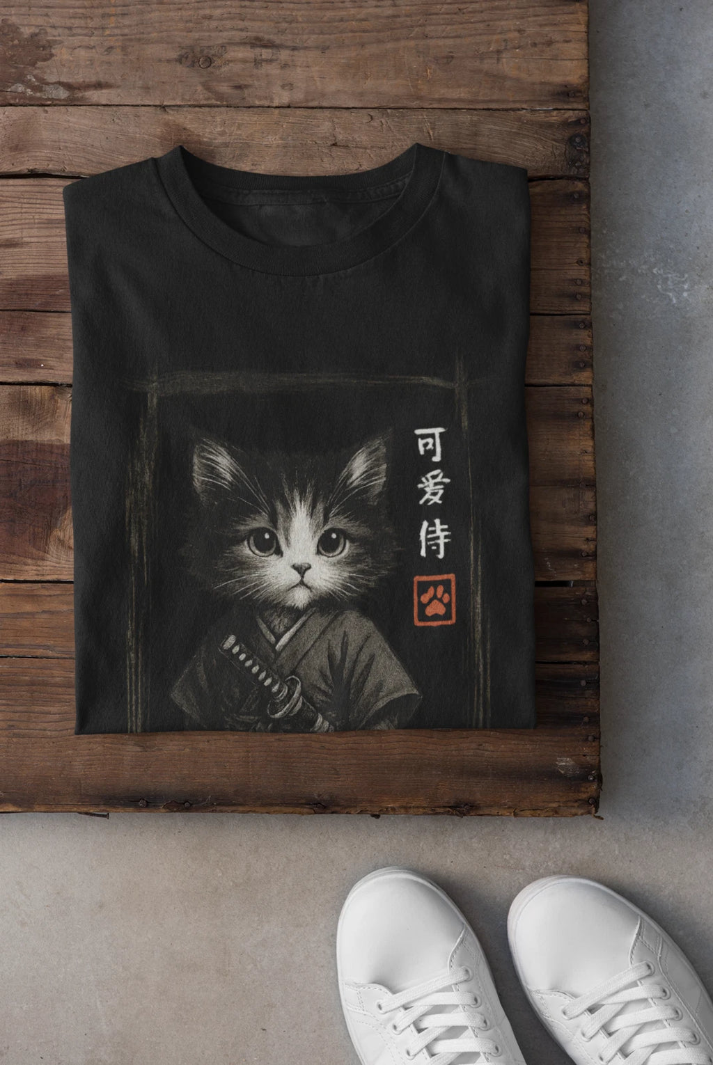 Cute Samurai Cat T-Shirt Japanese Kitty Warrior Art Tee Kawaii Katana Graphic