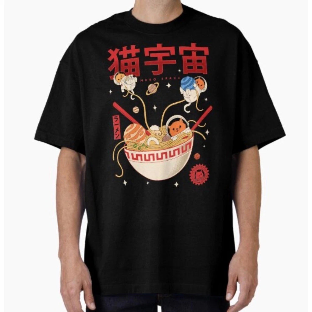 Threadless Neko Space Ramen Cat Astronaut Mens Black Graphic T-Shirt Medium