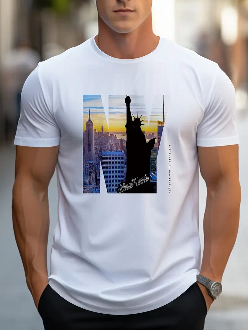 Men Stylish NYC-Inspired T-Shirt Patriotic Print Short Sleeve Breathable White