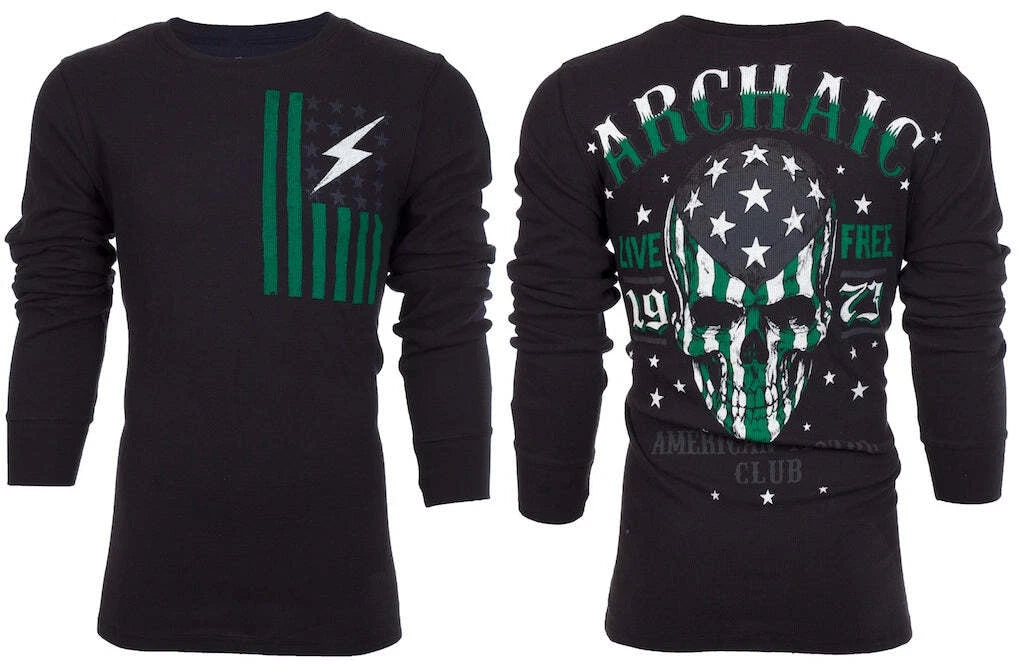 Archaic by Affliction Men's Thermal Shirt FLAG SMASHER Skull Biker Black