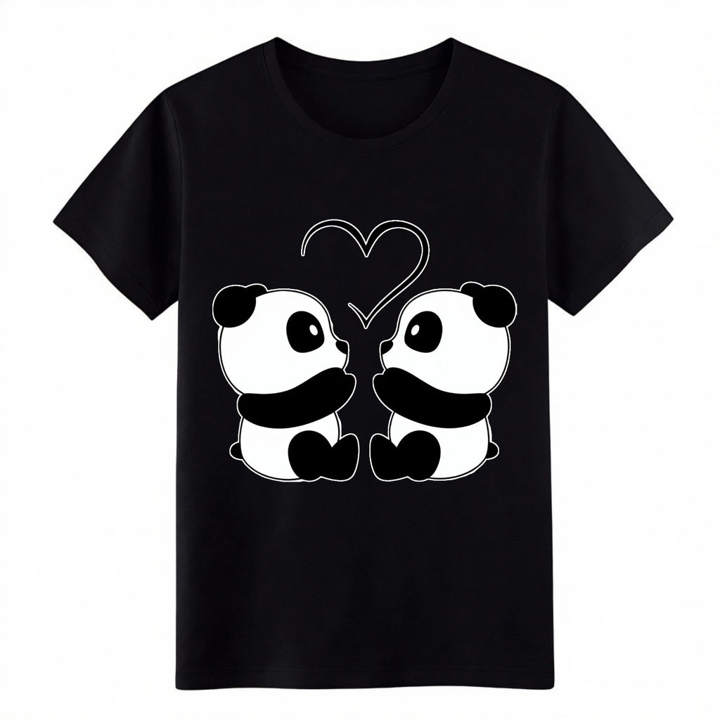 Cute Panda Couple Love Heart Animal Print Cotton T-Shirt