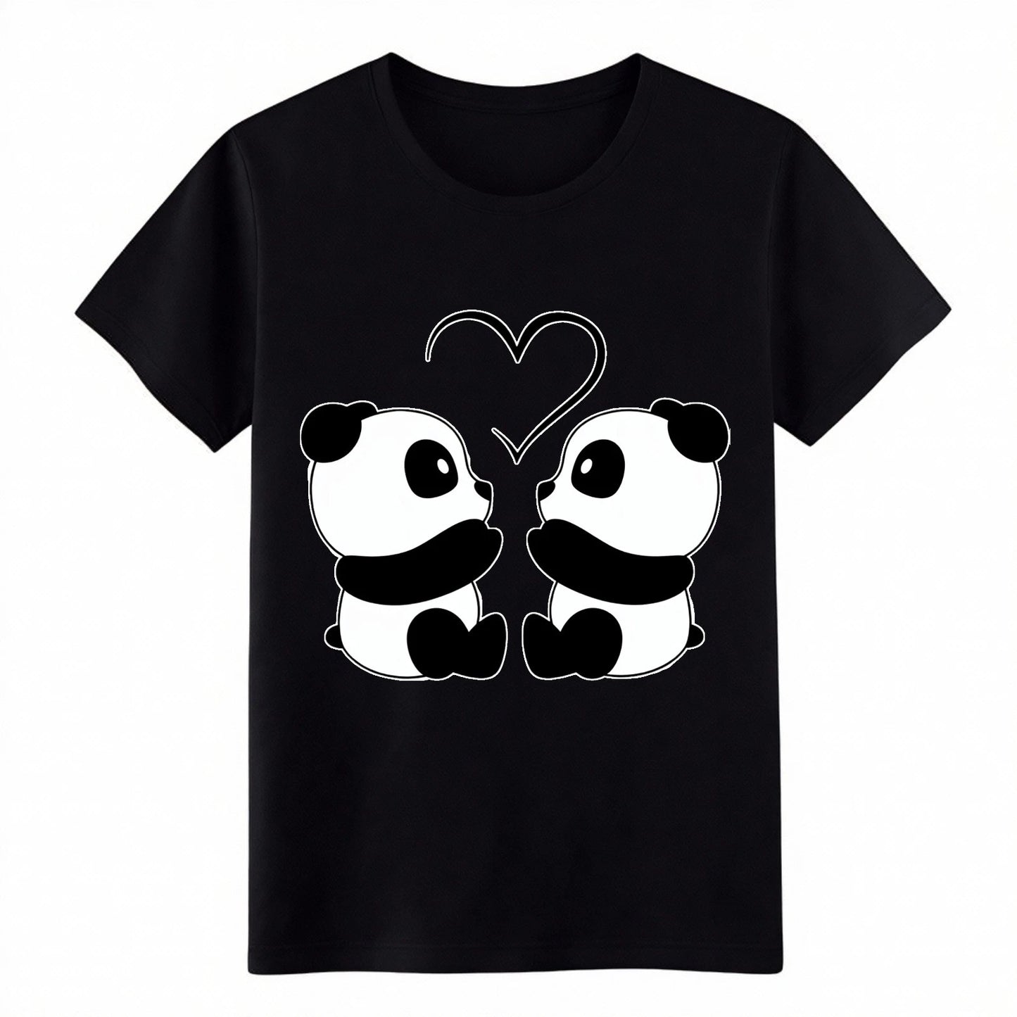 Cute Panda Couple Love Heart Animal Print Cotton T-Shirt