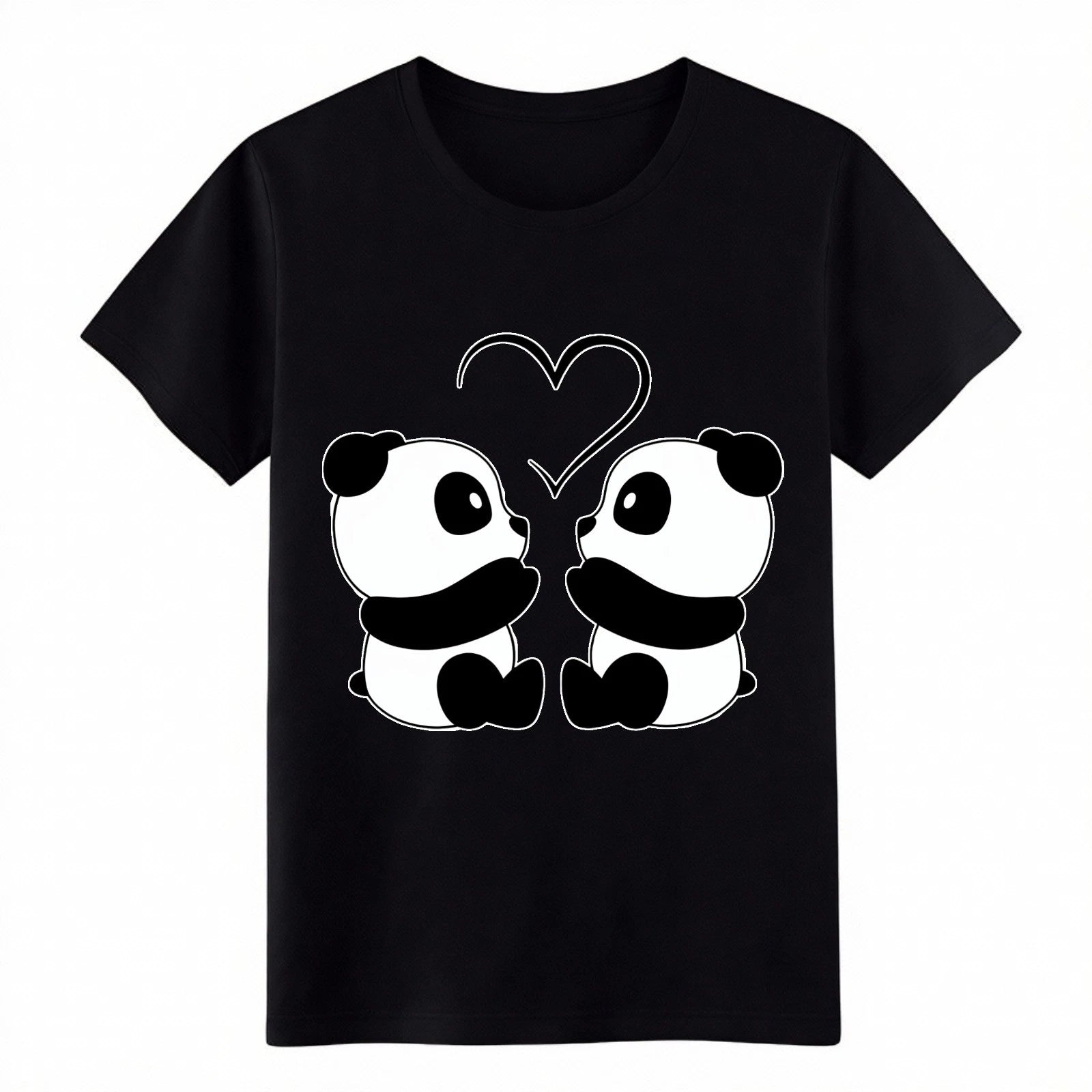 Cute Panda Couple Love Heart Animal Print Cotton T-Shirt