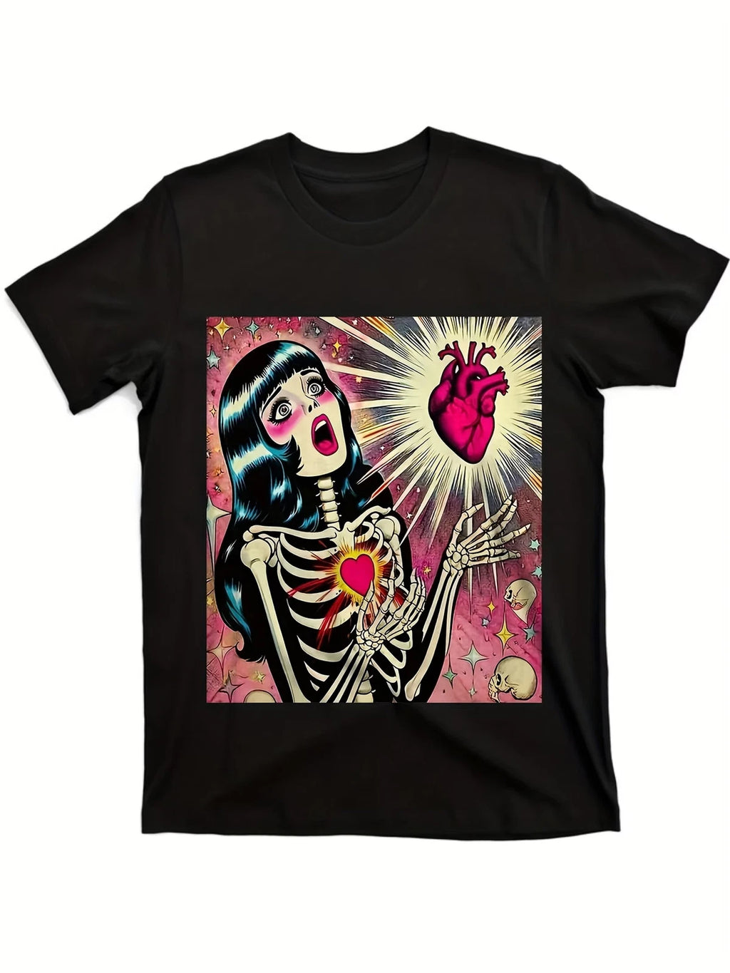 Men'S Vintage Pop Art Skeleton T-Shirt with Heart & Stars Design - Black Cotton