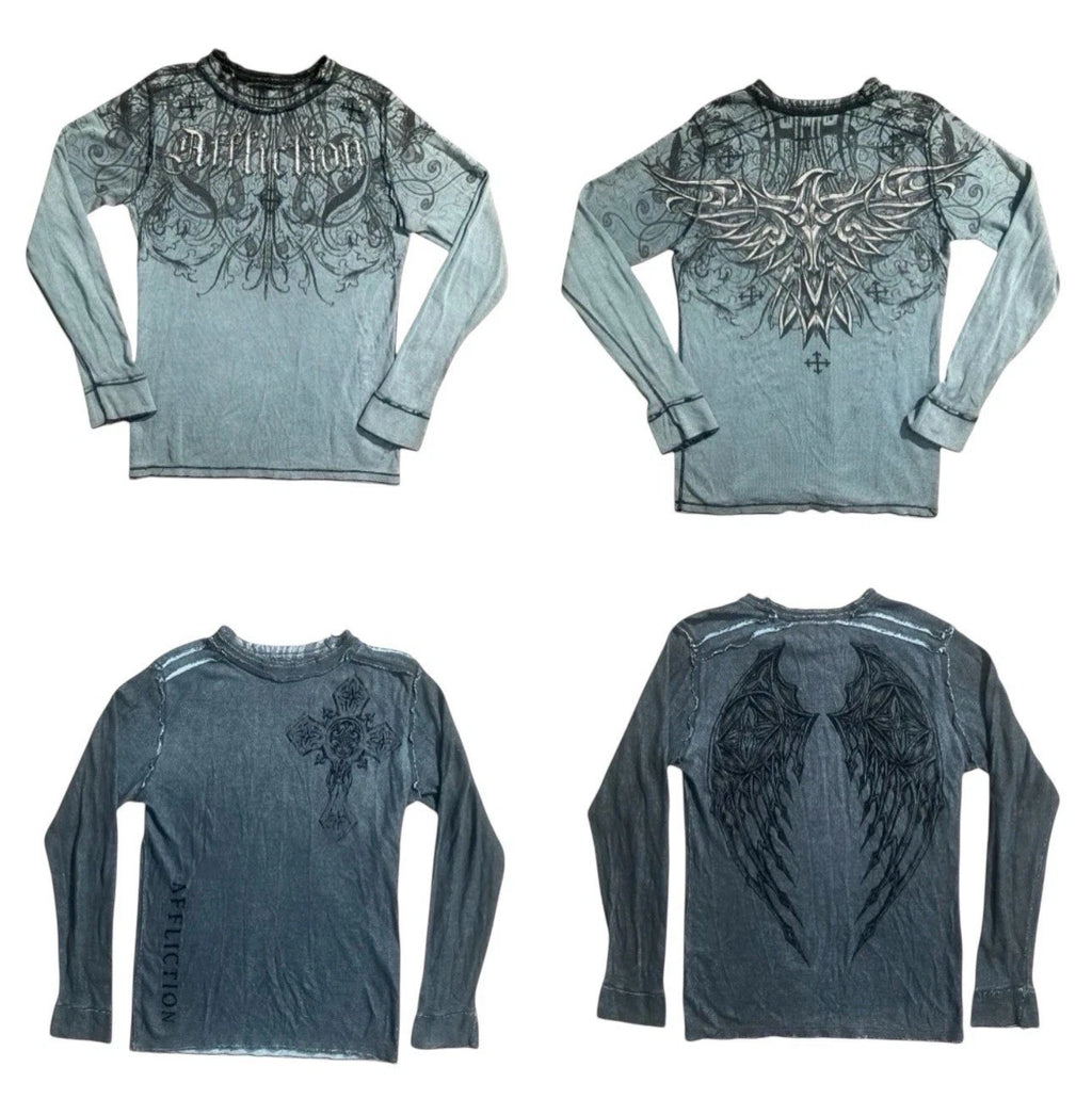 Affliction Reversible Long Sleeve Thermal XL Cross Wings Grunge Y2K Distressed
