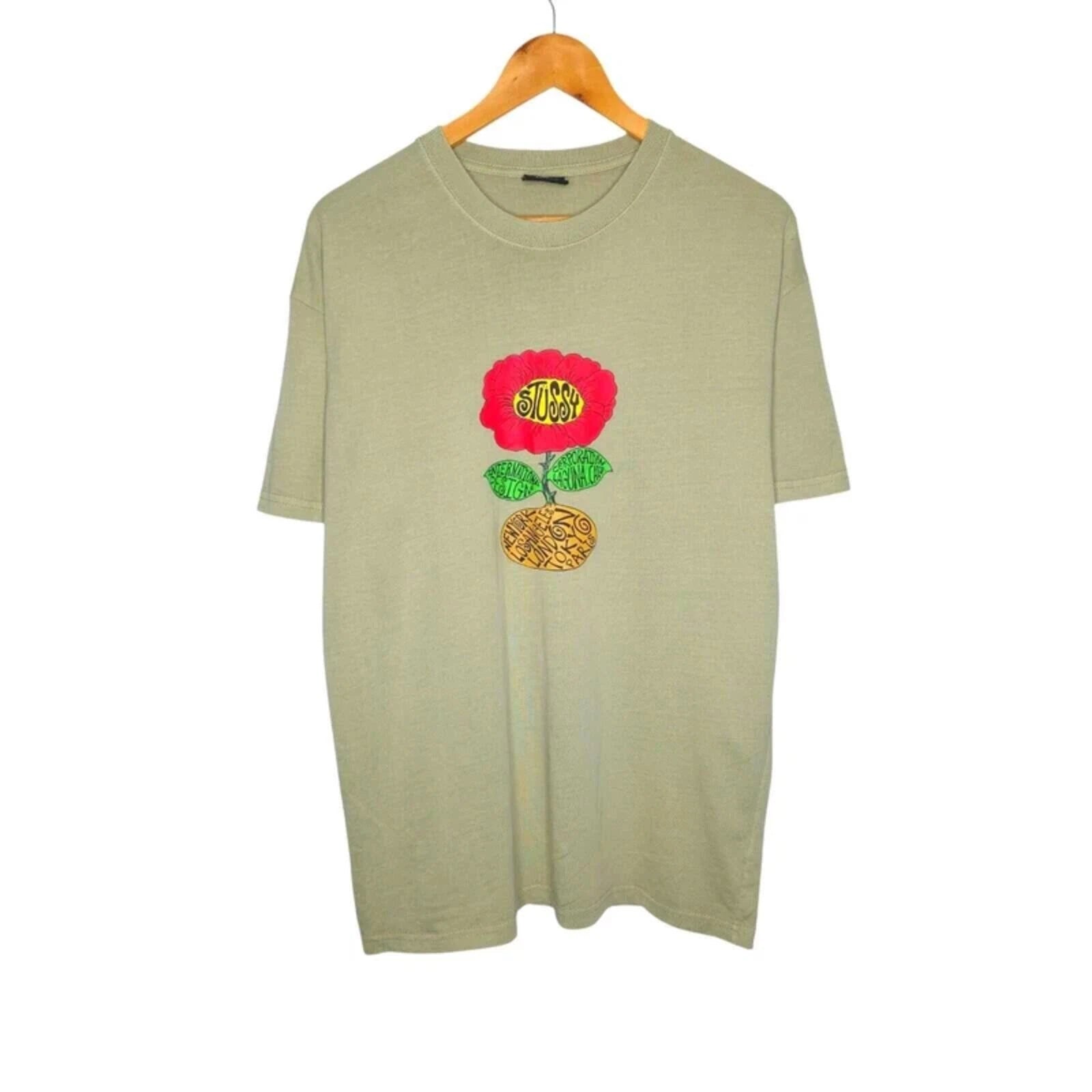 Stüssy Men S T-shirt Khaki Red Cotton Casual Streetwear Short Sleeve oversized