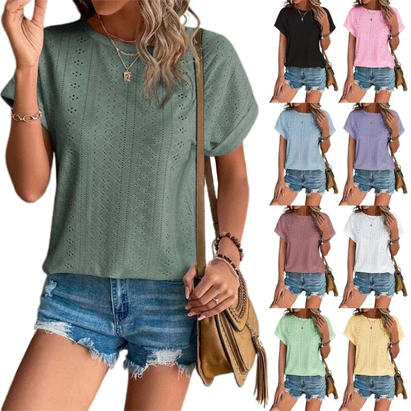 Breathable Women Top Summer Crew Neck T-shirt Cotton Short-sleeved Blouses