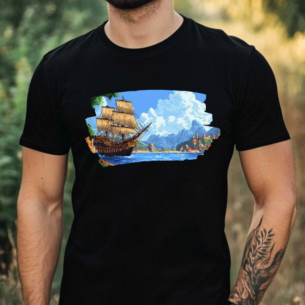 Mens Pirate Pixel Art Motif Cotton T-Shirt Size XS to 5XL