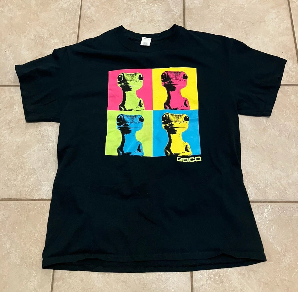 Gieco Gecko Andy Warhol Pop Art Graphic Tee T-shirt Sz L Black Retro Promo Y2K