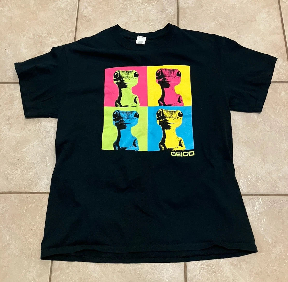 Gieco Gecko Andy Warhol Pop Art Graphic Tee T-shirt Sz L Black Retro Promo Y2K