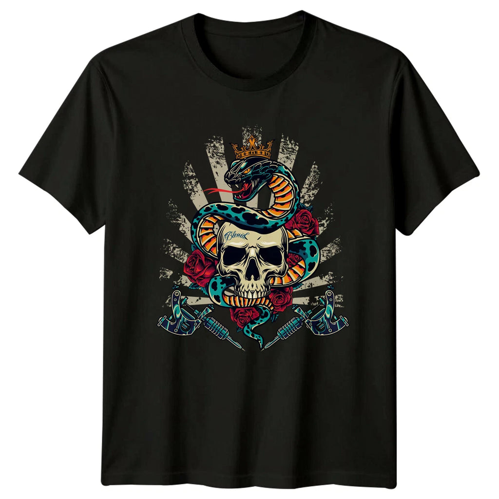 Blessed Skull Snake Crown Tattoos Mens Tee Womens T-Shirt Graphic Unisex Top