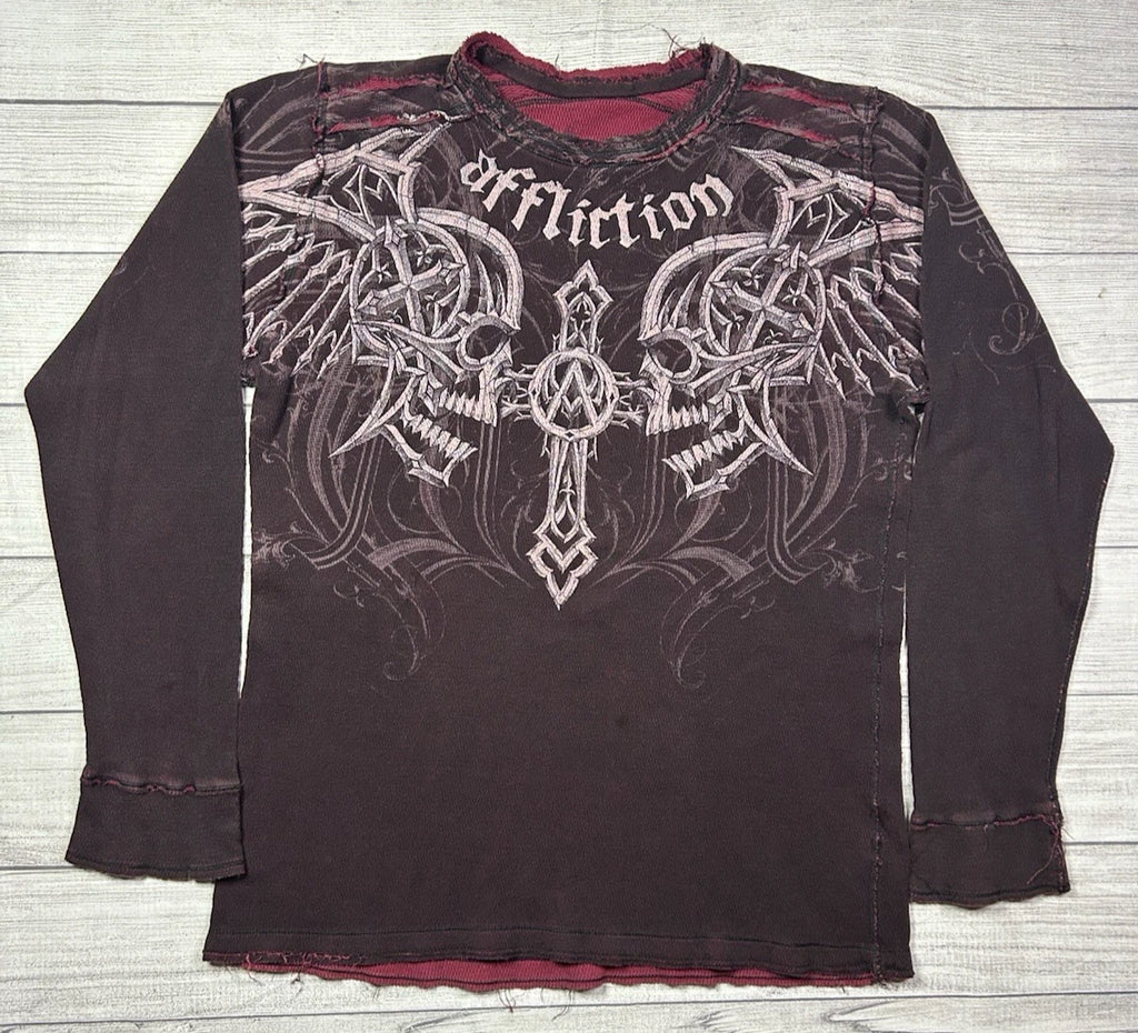 Vintage Affliction Reversible Thermal Shirt XL Wings Cross Y2K Grunge Brown/Red