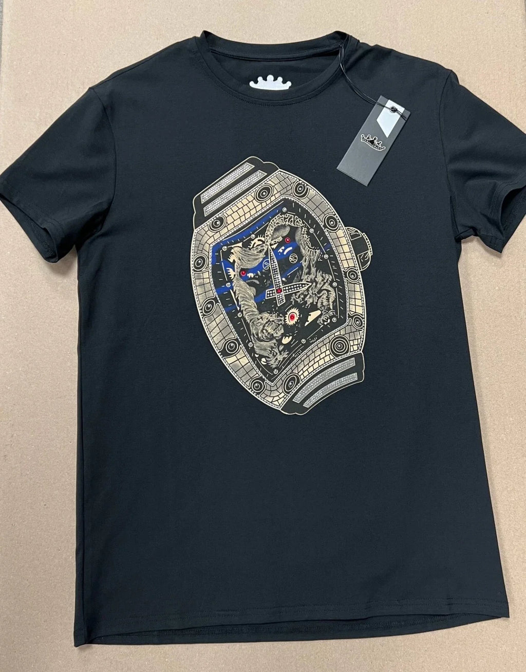Men's Designer Rhinestone Graphic Watch T-Shirt