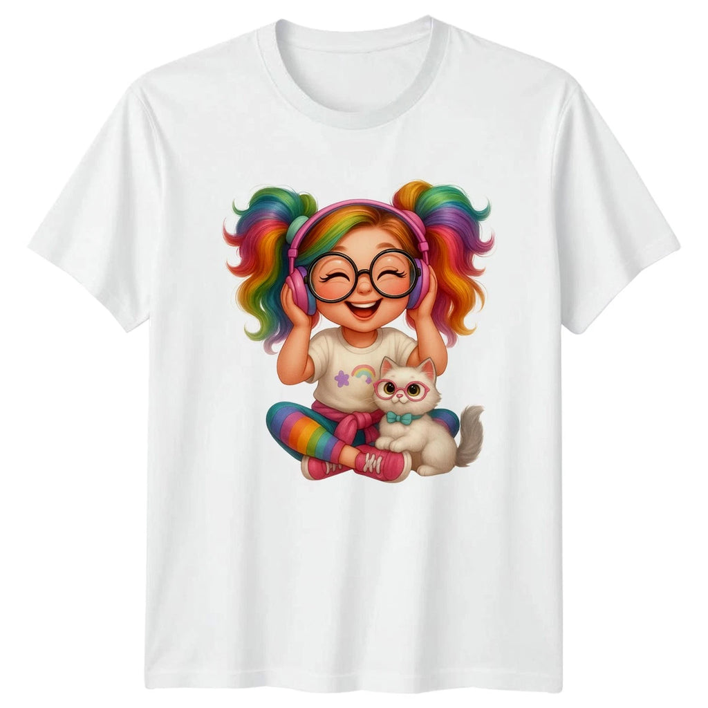 Happy Rainbow Girl Music Cat Womens T-Shirt Rainbow Aesthetic Fun Apparel