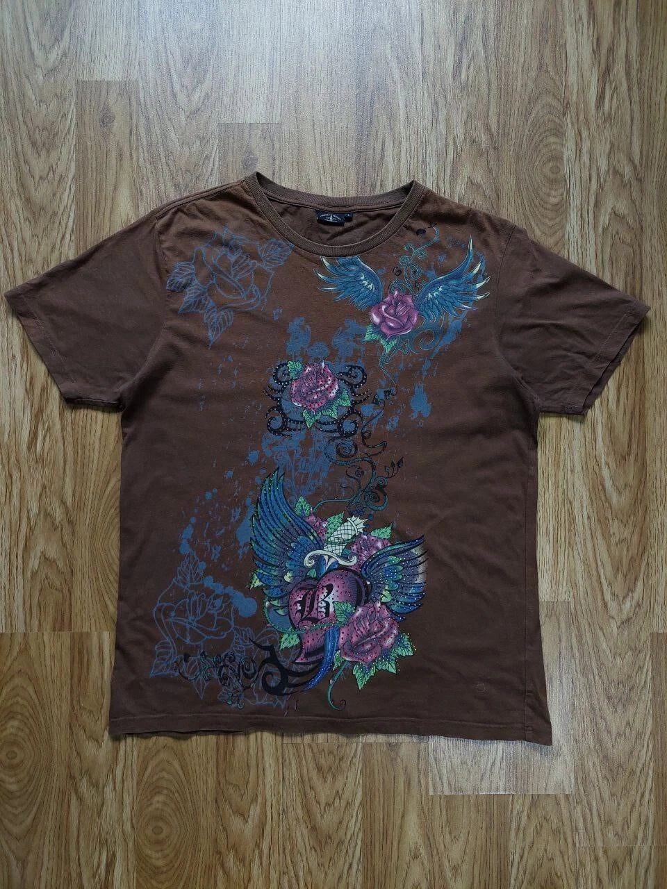Christian Audigier Ed Hardy Vintage Rhinestone Tee Mens (L) Y2K Rare Flowers